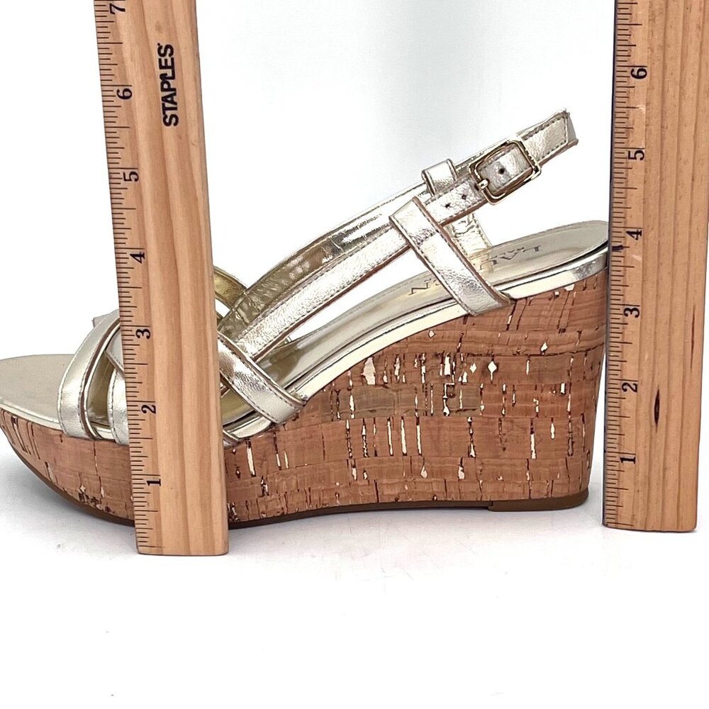 Lauren Ralph Lauren Gold Strappy Cork Wedge Sandals Womens 7.5 Adjustable Strap - Picture 12 of 14